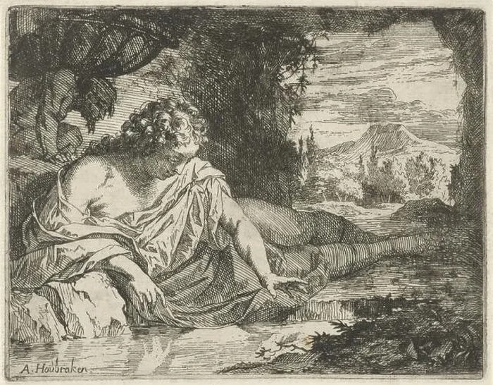 Framed Print : Narcissus, Arnold Houbraken, 1688 - 1700 print Narcissus looks in a cave at his own reflection in the water Framed Print : Narcissus, Arnold Houbraken, 1688 - 1700 print Narcissus looks in a cave at his own reflection in the water