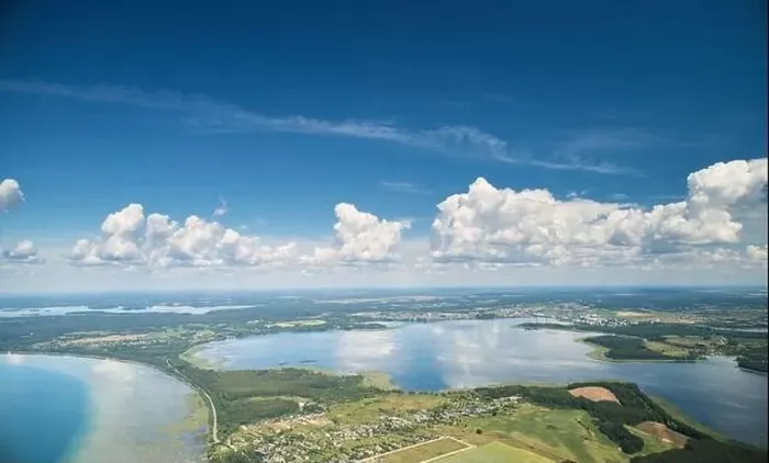 Framed Print : Naroch lake aerial drone view landscape in bright day Framed Print : Naroch lake aerial drone view landscape in bright day