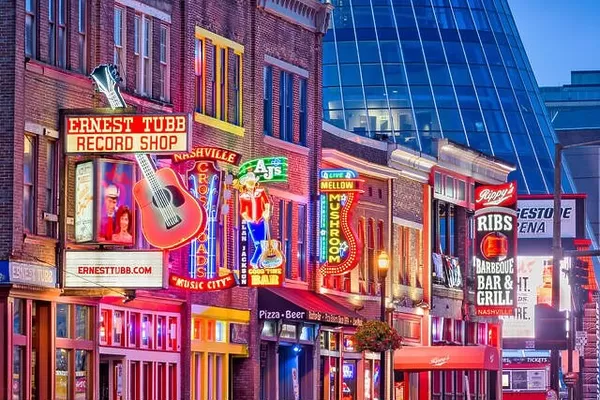 NASHVILLE, TENNESSEE - AUGUST 20, 2018: Honky-tonks on Lower Broadway. The district is famous for the numerous country music entertainment establishme