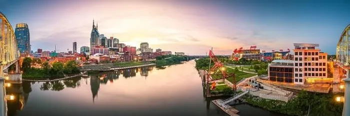 Framed Print : Nashville, Tennessee, USA downtown city skyline at dusk on the Cumberland River