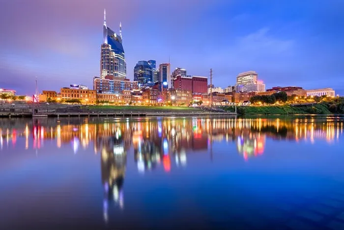 Framed Print : Nashville, Tennessee, USA skyline on the Cumberland River at night