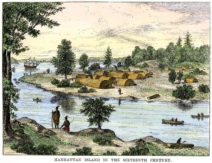 Framed Print : Native American longhouses on Manhattan Island in the 1500s. Hand-colored woodcut
