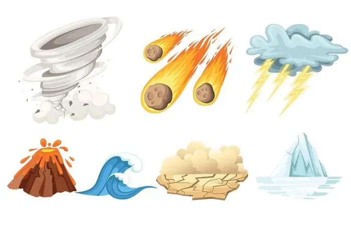 Framed Print : Natural cataclysm icons set. Tsunami wave