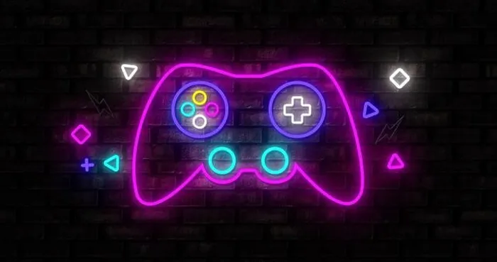 Framed Print : Neon Gaming icons on black background 4k