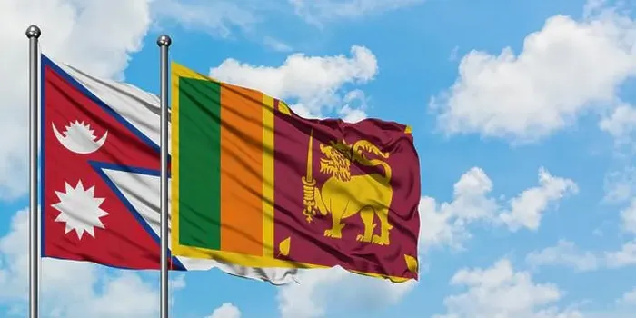 Framed Print : Nepal and Sri Lanka flag waving in the wind against white cloudy blue sky together Framed Print : Nepal and Sri Lanka flag waving in the wind against white cloudy blue sky together