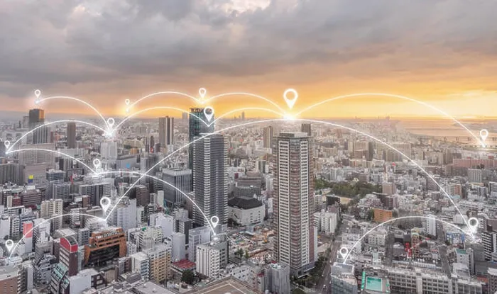 Framed Print : Network connection technology in the city. Map pin GPS navigation technology in the city at sunset Framed Print : Network connection technology in the city. Map pin GPS navigation technology in the city at sunset