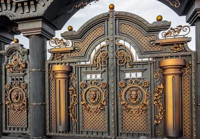 Framed Print : New forged metal massive gates with a wicket and two arches, golden gray, made in antiquity Framed Print : New forged metal massive gates with a wicket and two arches, golden gray, made in antiquity