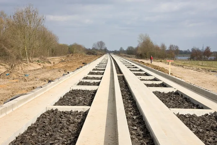 Framed Print : New guided bus track under construction along old railway line at Fen Drayton, between St.Ives and Cambridge