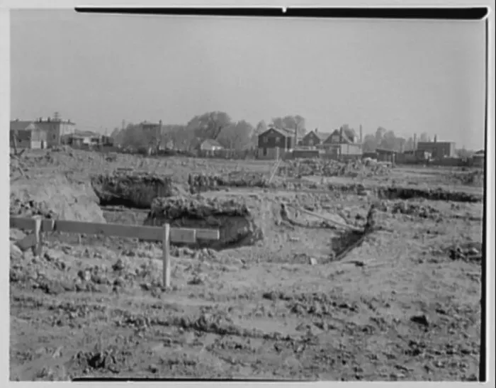 Framed Print : New Jersey Turnpike Authority. Gas station site 12S looking north to homes Framed Print : New Jersey Turnpike Authority. Gas station site 12S looking north to homes