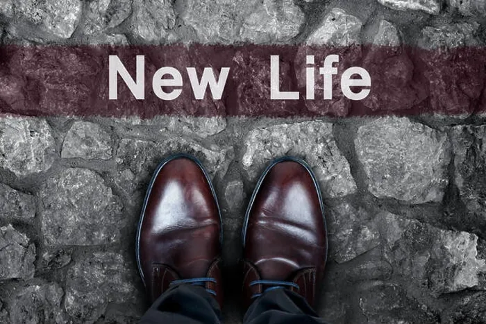 Framed Print : New Life message on asphalt and business shoes Framed Print : New Life message on asphalt and business shoes