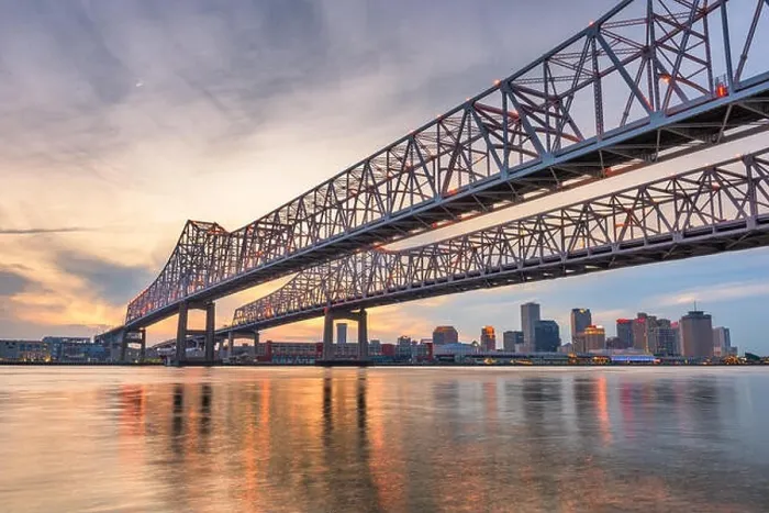 Framed Print : New Orleans, Louisiana, USA at Crescent City Connection Bridge over the Mississippi River at dusk Framed Print : New Orleans, Louisiana, USA at Crescent City Connection Bridge over the Mississippi River at dusk