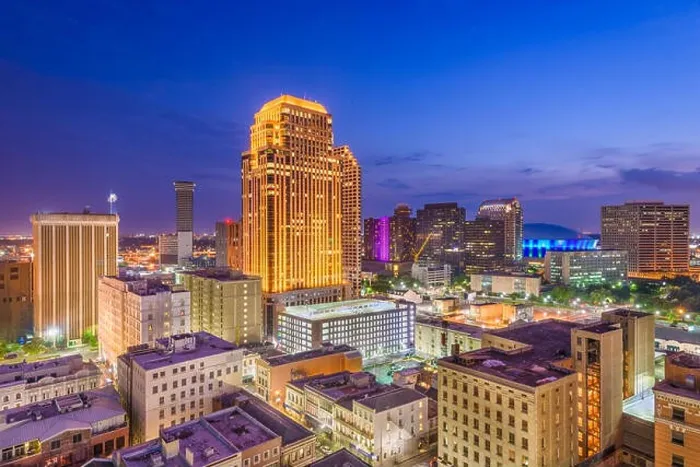 Framed Print : New Orleans, Louisiana, USA downtown CBD skyline at night