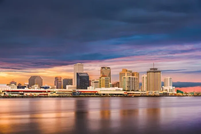 Framed Print : New Orleans, Louisiana, USA downtown city skyline on the Mississippi River at sunset