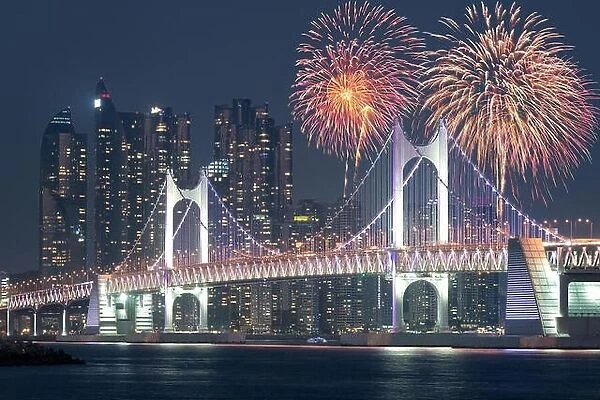 New Year Fireworks show at Gwangan Bridge with Busan city in background at Busan, South Korea