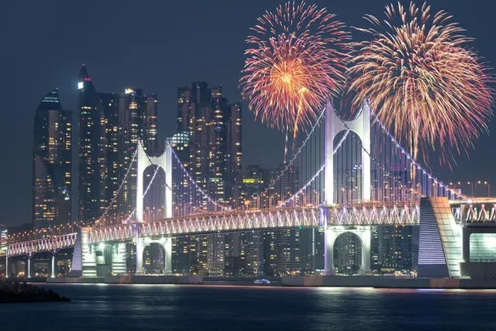 Framed Print : New Year Fireworks show at Gwangan Bridge with Busan city in background at Busan, South Korea Framed Print : New Year Fireworks show at Gwangan Bridge with Busan city in background at Busan, South Korea
