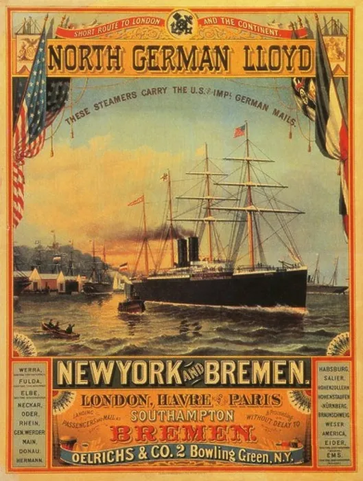 Framed Print : New York to Bremen ship line - a vintage travel poster, 1875 - Editorial use only Framed Print : New York to Bremen ship line - a vintage travel poster, 1875 - Editorial use only