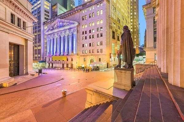 New York City in the Financial District on Wall Street at night