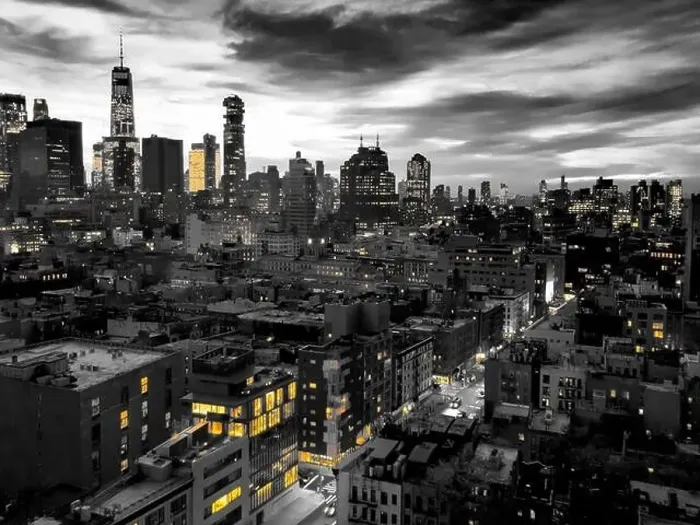 Framed Print : New York City skyline view at night with yellow lights contrasted against the black Framed Print : New York City skyline view at night with yellow lights contrasted against the black