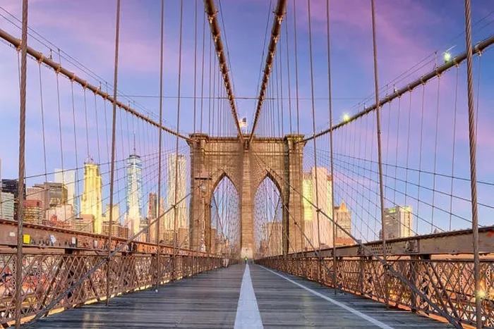Framed Print : New York, New York on the Brooklyn Bridge Promenade facing Manhattan's skyline at dawn Framed Print : New York, New York on the Brooklyn Bridge Promenade facing Manhattan's skyline at dawn