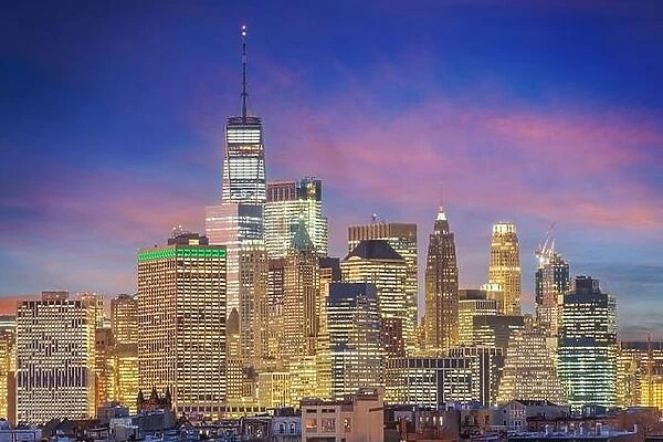 New York, New York cityscape in Lower Manhattan at twilight