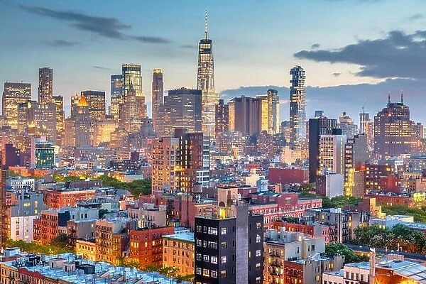 New York, New York, USA downtown city skyline over the Lower East Side at dusk