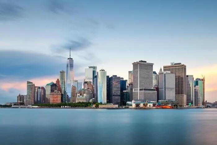 Framed Print : New York, New York, USA downtown city skyline at dusk on the harbor Framed Print : New York, New York, USA downtown city skyline at dusk on the harbor