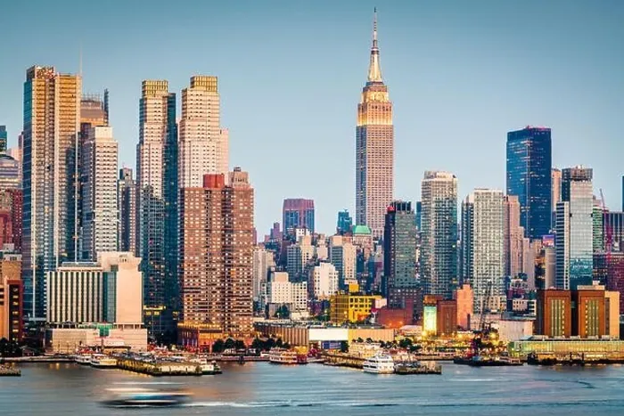 Framed Print : New York, New York, USA downtown city skyline on the Hudson River at dusk Framed Print : New York, New York, USA downtown city skyline on the Hudson River at dusk