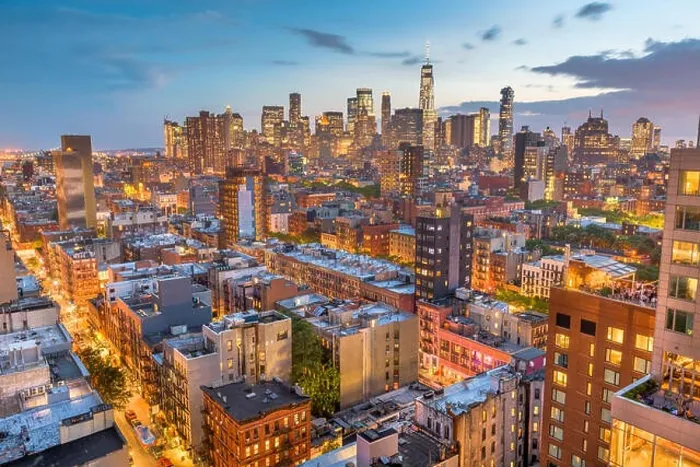 Framed Print : New York, New York, USA Financial district skyline from the Lower East Side at dusk Framed Print : New York, New York, USA Financial district skyline from the Lower East Side at dusk
