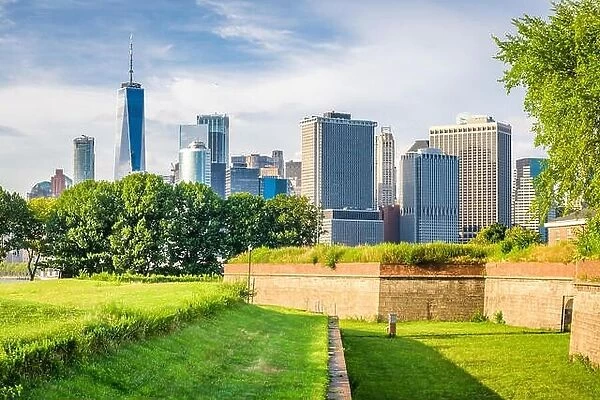 New York, New York, USA from Governors Island with historic Fort Jay