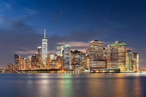 New York, New York, USA. Lower Manhattan Financial District at night