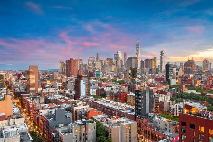 Framed Print : New York, New York, USA Lower Manhattan city skyline rooftop view at dusk