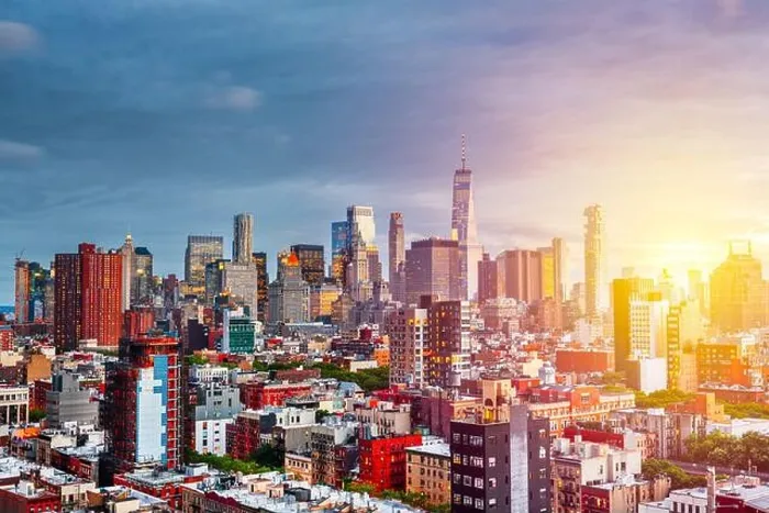 Framed Print : New York, New York, USA Lower Manhattan city skyline rooftop view at dusk Framed Print : New York, New York, USA Lower Manhattan city skyline rooftop view at dusk