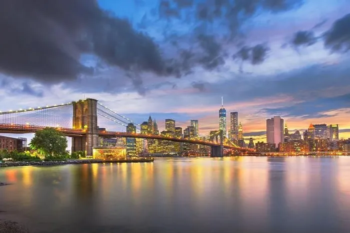 Framed Print : New York, New York, USA Lower Manhattan skyline on the East River at dusk