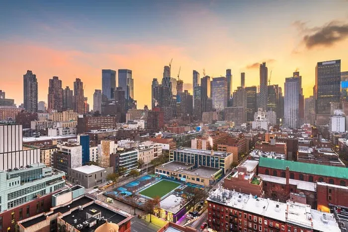 Framed Print : New York, New York, USA midtown Manhattan skyline over Hell's Kitchen at dawn Framed Print : New York, New York, USA midtown Manhattan skyline over Hell's Kitchen at dawn