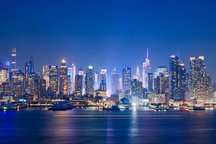 Framed Print : New York, New York, USA midtown skyline at dusk from the Hudson River Framed Print : New York, New York, USA midtown skyline at dusk from the Hudson River