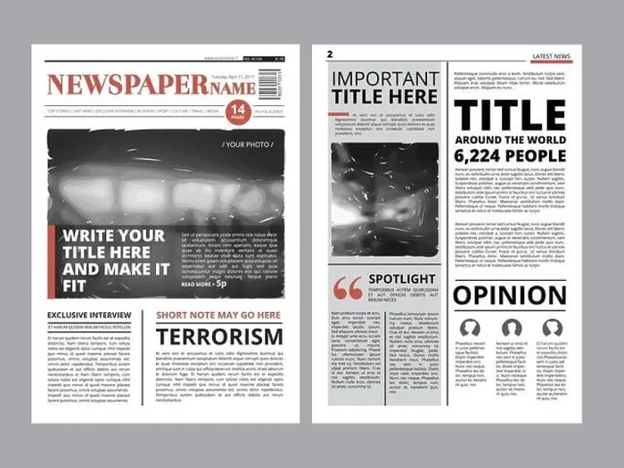 Framed Print : Newspaper front page with several columns and photos. Vector magazine cover. Layout design project Framed Print : Newspaper front page with several columns and photos. Vector magazine cover. Layout design project