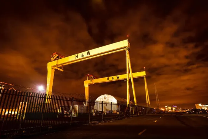 Framed Print : A night time photograph of the huge Harland and Wolff cranes in the Belfast shipyard where Titanic ship was built Framed Print : A night time photograph of the huge Harland and Wolff cranes in the Belfast shipyard where Titanic ship was built