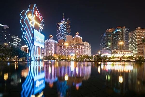 Night view of Macau (Macao). The Grand Lisboa is the tallest building in Macau (Macao) and the most distinctive part of its skyline