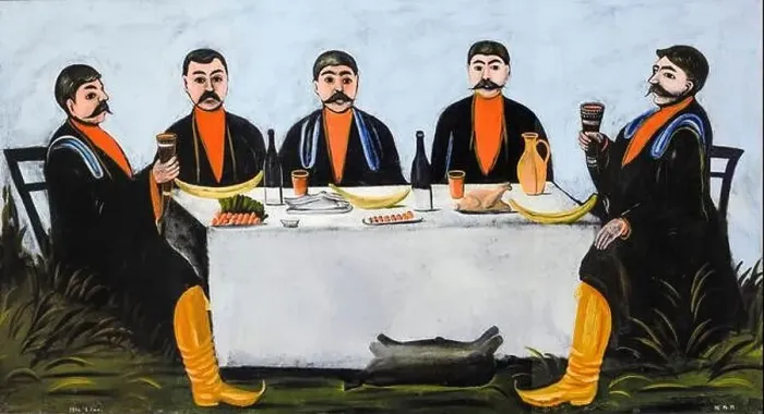 Framed Print : Niko Pirosmani painting, The Feast of Five Princes, oil on oilcloth, 1906 Framed Print : Niko Pirosmani painting, The Feast of Five Princes, oil on oilcloth, 1906