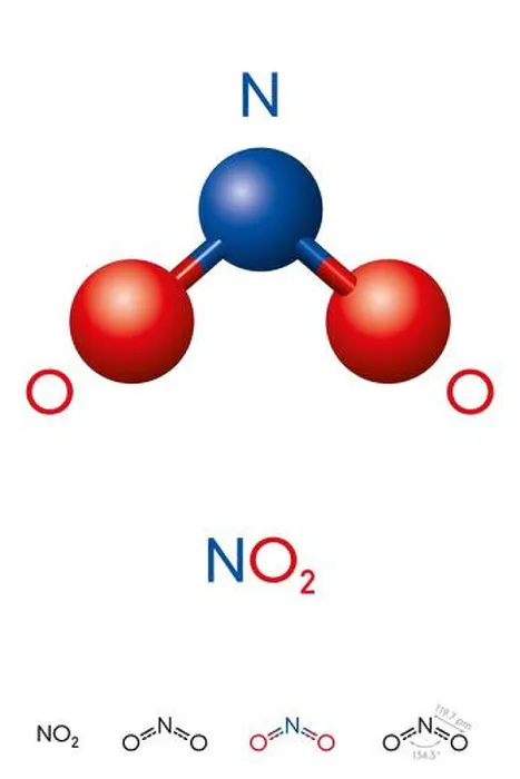 Framed Print : Nitrogen dioxide, NO2, molecule model and chemical formula Framed Print : Nitrogen dioxide, NO2, molecule model and chemical formula