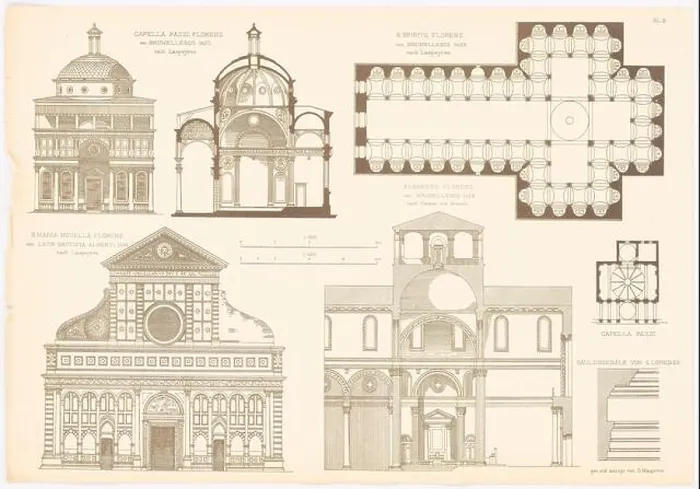 Framed Print : N.N. Capella Pazzi, Florence. S. Spirito, Florence. S. Maria Novella, Florence. S. Lorenzo, Florence. (From: Baukunst d) Framed Print : N.N. Capella Pazzi, Florence. S. Spirito, Florence. S. Maria Novella, Florence. S. Lorenzo, Florence. (From: Baukunst d)