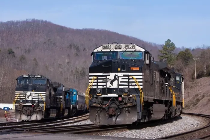 Framed Print : Two Norfolk Southern freight trains await new crews at Oakdale, TN
