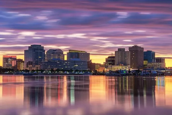 Framed Print : Norfolk, Virginia, USA downtown city skyline with dramatic morning clouds on the Elizabeth River Framed Print : Norfolk, Virginia, USA downtown city skyline with dramatic morning clouds on the Elizabeth River