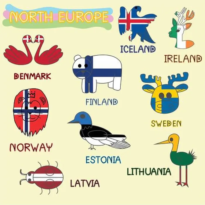 Framed Print : North Europe National Animals Symbol Imitate Color Country Flag Framed Print : North Europe National Animals Symbol Imitate Color Country Flag