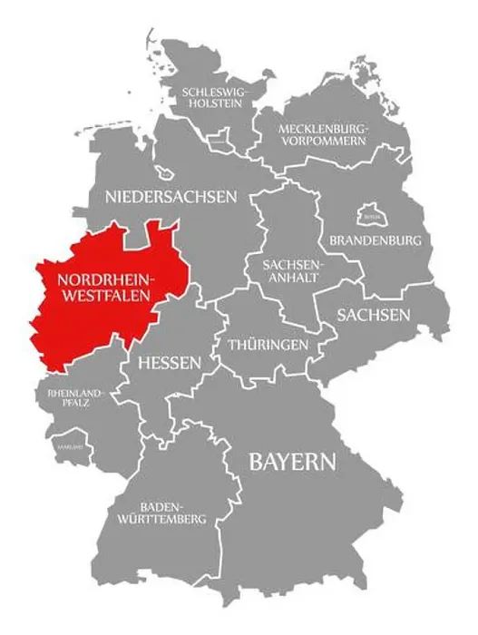 Framed Print : North Rhine Westphalia red highlighted in map of Germany Framed Print : North Rhine Westphalia red highlighted in map of Germany