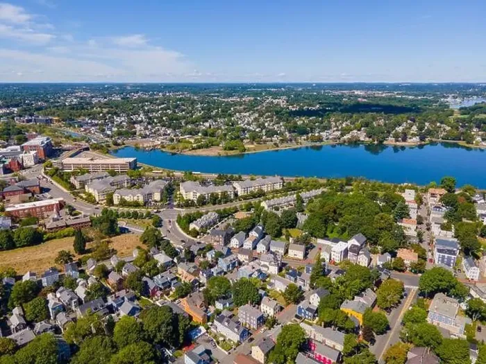 Framed Print : North River and Danvers River aerial view at the river mouth to the Atlantic at Salem Neck historic district in city of Framed Print : North River and Danvers River aerial view at the river mouth to the Atlantic at Salem Neck historic district in city of