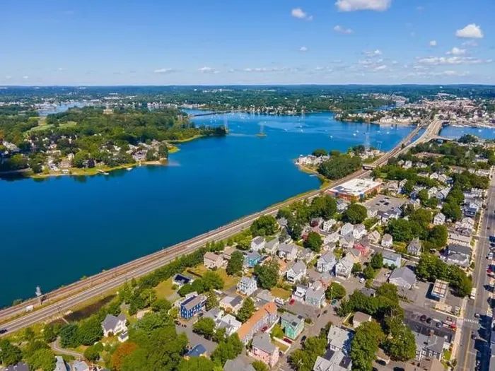 Framed Print : North River and Danvers River aerial view at the river mouth to the Atlantic at Salem Neck historic district in city of Framed Print : North River and Danvers River aerial view at the river mouth to the Atlantic at Salem Neck historic district in city of