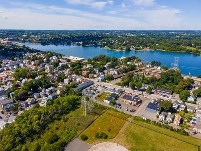 Framed Print : North River and Danvers River aerial view at the river mouth to the Atlantic at Salem Neck historic district in city of Framed Print : North River and Danvers River aerial view at the river mouth to the Atlantic at Salem Neck historic district in city of