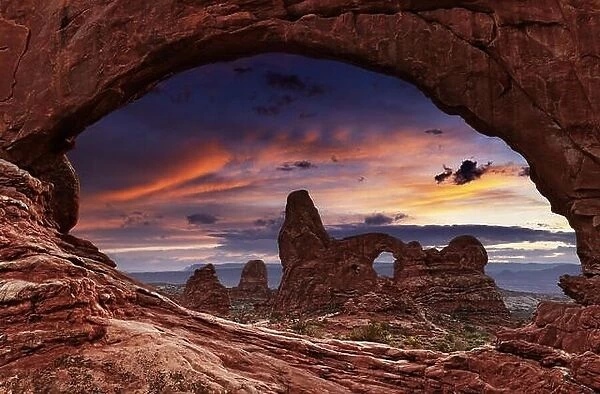 North Window Arch and Turret Arch at sunset, Arches National Park, Utah, USA