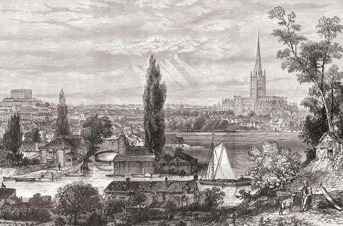 Framed Print : Norwich, Norfolk, England, seen here from the Meadows in the 19th century. From English Pictures, published 1890 Framed Print : Norwich, Norfolk, England, seen here from the Meadows in the 19th century. From English Pictures, published 1890